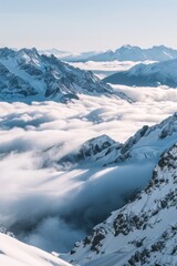 An image showcasing a tranquil and soothing sensation of mountains enveloped by dense, fluffy clouds during a calm sunrise