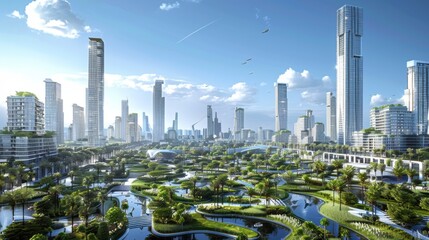 Fototapeta premium A futuristic cityscape with sleek skyscrapers rising above lush green parks and urban gardens, blending nature and modernity in harmonious coexistence.