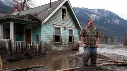 a man standing in front of his flood-damaged house, surrounded by mud and water indicative of a rising river, striving to shield it from the encroaching floodwaters.