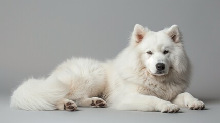 Snazzy Samoyed Dog Resting on Plain Background, Space for Text Provided