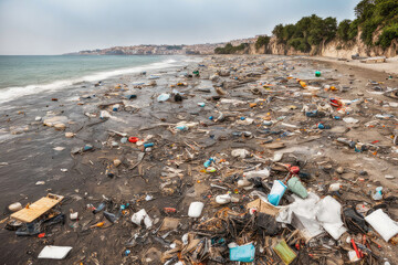 Ecological disaster on the shores of the sea. Mountains of coastal plastic waste