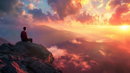 A solitary individual is sitting cross-legged on a rocky outcrop overlooking a stunning mountain landscape bathed in the warm glow of a sunrise or sunset. The mountains stretch into the distance, with - obrazy, fototapety, plakaty
