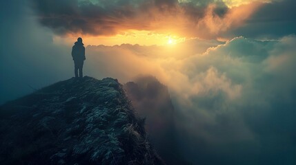 A silhouette of an individual is standing on a rocky outcrop overlooking a dramatic landscape. The figure is gazing towards a mesmerizing sunset visible through a blanket of clouds. The sun casts a wa