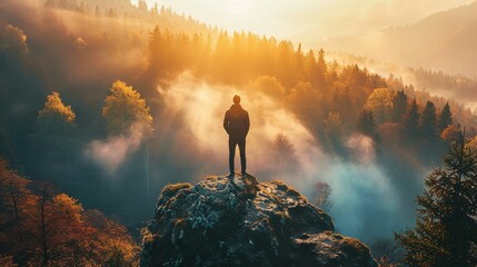A person stands on a rocky outcrop overlooking a forested mountain valley. The scene is bathed in the warm glow of the rising or setting sun, with the light filtering through the mist and trees, highl - obrazy, fototapety, plakaty