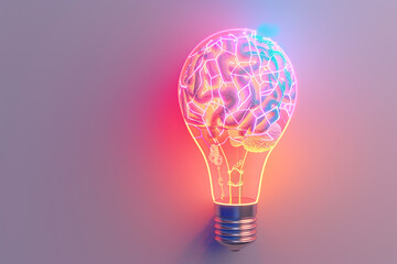 A 3D rendering of a light bulb with a digital brain pattern glowing in neon colors, against a pastel grey background, symbolizing technology and mind  
