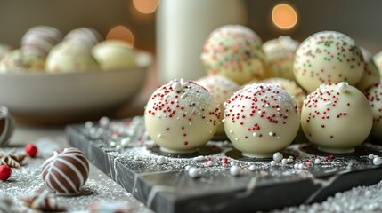 Obraz premium White chocolate covered in sprinkles on top of a table and beside a bowl of the same