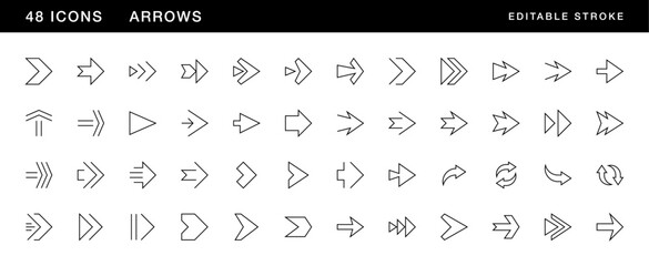 Arrow icon set. Outline editable stroke arrow icon collection. Curved right, forward, reload, send, navigate and more. Editable stroke. Pixel Perfect. Grid base 32 x 32.