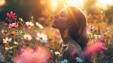 A woman is standing in a field of wildflowers during what appears to be the golden hour, as indicated by the warm sunlight illuminating her and the flowers. The sunlight creates a halo effect around h