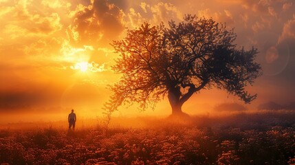 A lone silhouette of an individual with a backpack stands in a flower-filled meadow, gazing towards a large, solitary tree outlined against a dramatic, fiery sunrise. The sky is ablaze with golden hue