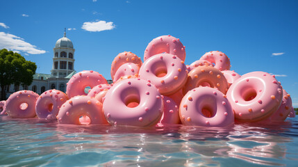 donut gonflables en forme de beignet rose flottant sur l'eau dans la piscine - obrazy, fototapety, plakaty