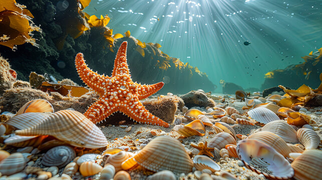 Starfish and shells bask in the sun's rays on the sandy seabed.