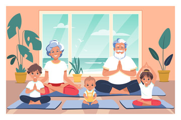 Grandparents and grandchildren doing yoga in lotus position at home. Family yoga fitness concept.