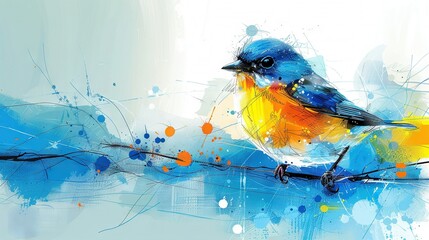  Blue-yellow bird on branch with splattered paint