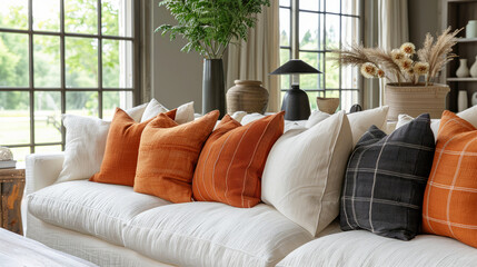 Sofa with terracotta and beige pillows close-up in the living room