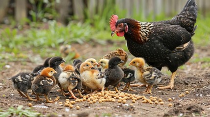 A group of fluffy chicks eagerly pecking at feed scattered by their attentive mother hen, learning valuable lessons in survival.