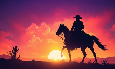 Cowboy on horseback in desert at sunset, under a painted sky