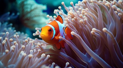 An underwater close-up of a colorful clownfish nestled among the tentacles of a sea anemone.