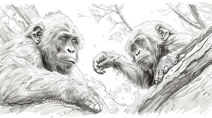  Two chimpanzees in black and white, drawing on a tree branch with their hands
