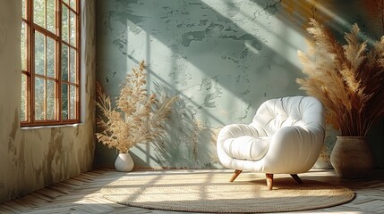 Minimalist living room with white vintage armchair carpet and elegant home decor including a dry plant in a vase against a copy space wall