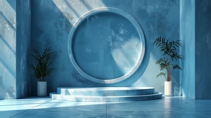 minimalistic abstract gentle light blue background for product presentation with sunny light and intricate shadow on wall with arch and stairs, generative AI
