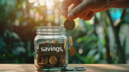 A hand dropping coins into a glass jar labeled "savings," a simple yet powerful act of building wealth over time.