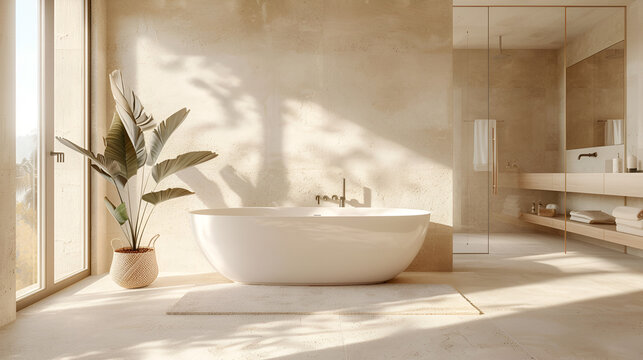 cuarto de ba&ntilde;o en casa lujosa de lujo con un espacio amplio y reflejando tranquilidad y calma dise&ntilde;o de interiores moderno y minimalista boho 