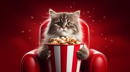 Banner with Cat watching 3D movie with popcorn sitting in red armchair.