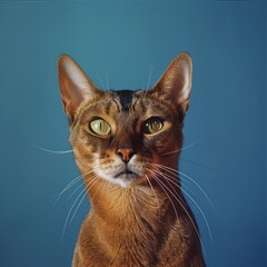 A close-up portrait of an inquisitive Abyssinian cat with striking eyes and alert ears against a blue backdrop