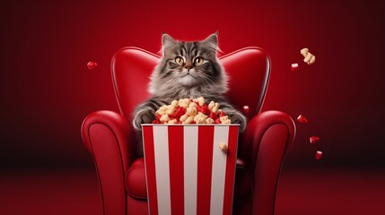 Banner with Cat watching 3D movie with popcorn sitting in red armchair.