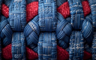 a close-up of a blue basket with a white cross stitch
