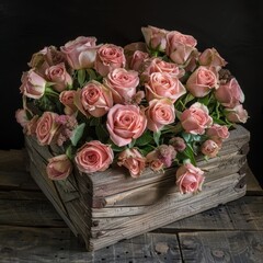 Obraz na płótnie Canvas Pink roses in ancient box on wooden table.
