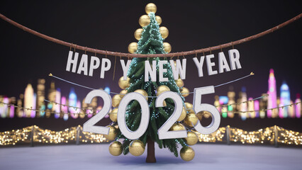 New Year banner in rustic style, Happy New Year 2025 poster. ,  Christmas balls, New Year tree against the backdrop of a fabulous city,  illustration