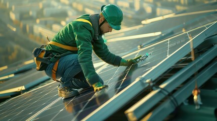 engineer in a rooftop working  on solar panels with safety gear