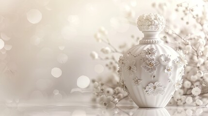 a white perfume bottle embellished with intricate floral designs and luxurious details, showcasing its opulent design and superb craftsmanship.