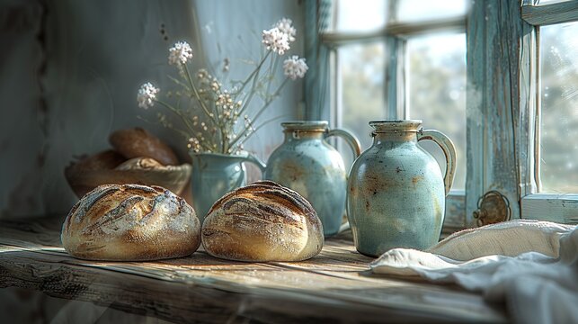   A painting depicts bread and vases resting on a window sill alongside a flower-filled window sill
