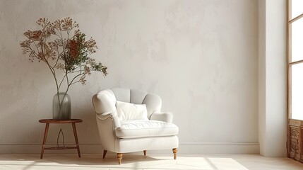 Minimalist living room with white vintage armchair carpet and elegant home decor including a dry plant in a vase against a copy space wall