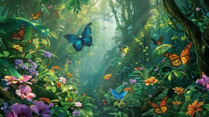 A lush tropical rainforest alive with a kaleidoscope of butterflies flitting among exotic blooms and verdant foliage.