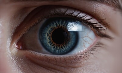 Close up of a human eye with an electric blue iris and a yellow pupil