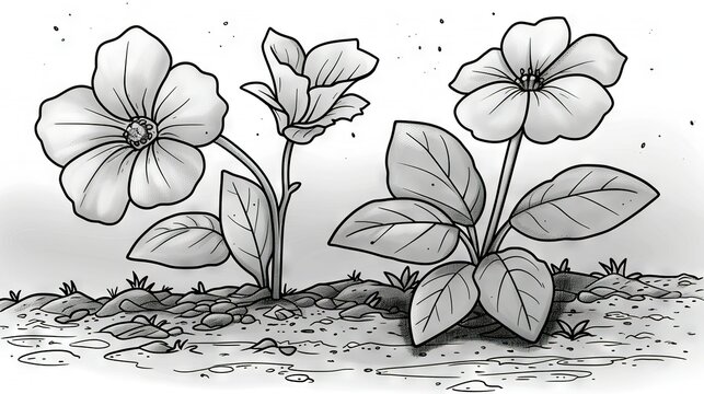   A monochromatic illustration depicts three blooms rising from the earth with soil beneath and verdant surroundings