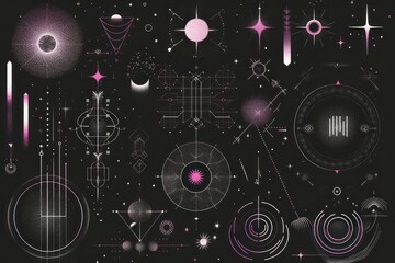celestial graphic elements with geometric symbols, shapes and patterns on a black background