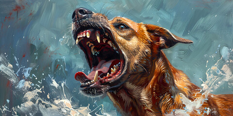 portrait face of angry or barging dog over blur background aggressive dog barks baring teeth dangerous Angry dog