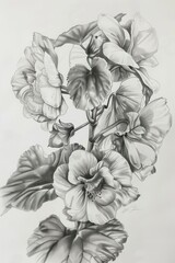 This piece features a complex arrangement of flowers in a monochrome graphite sketch, emphasizing contrasts
