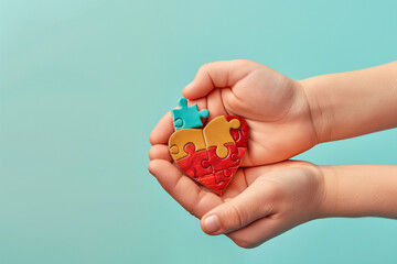 hands holding a red heart, Illuminate the significance of World Autism Awareness Day with this touching depiction of adult and child hands