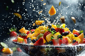 A burst of exotic fruits around a bowl of tropical fruit salad, Flying Food shot, studio lighting 