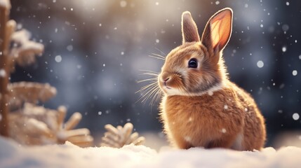 brown rabbit coated with fresh snowflakes sitting against a backdrop of softly blurred winter woods. - Powered by Adobe