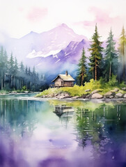 Naklejka premium Watercolor countryside rural village landscape painting. Illustration of house in the forest and montain in light green and purple tones, the sun setting behind house, soft colors, delicate watercolor