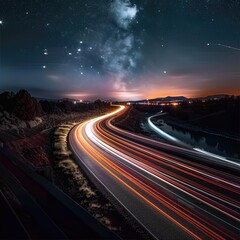 long exposure photo of a highway, night,speed line，motion