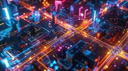 city block map made out of futuristic neon tube lights, top down view --ar 16:9 Job ID: e5cb153f-cb0f-430b-a969-6d883e5c2b81