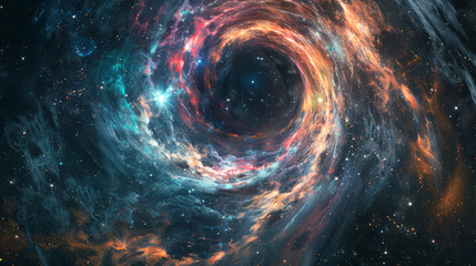 Vortex of swirling cosmic dust and radiant stars encapsulating an ominous black hole in the abyss of deep space 