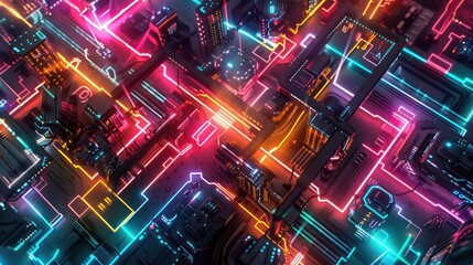 Fototapeta premium city block map made out of futuristic neon tube lights, top down view --ar 16:9 Job ID: e5cb153f-cb0f-430b-a969-6d883e5c2b81